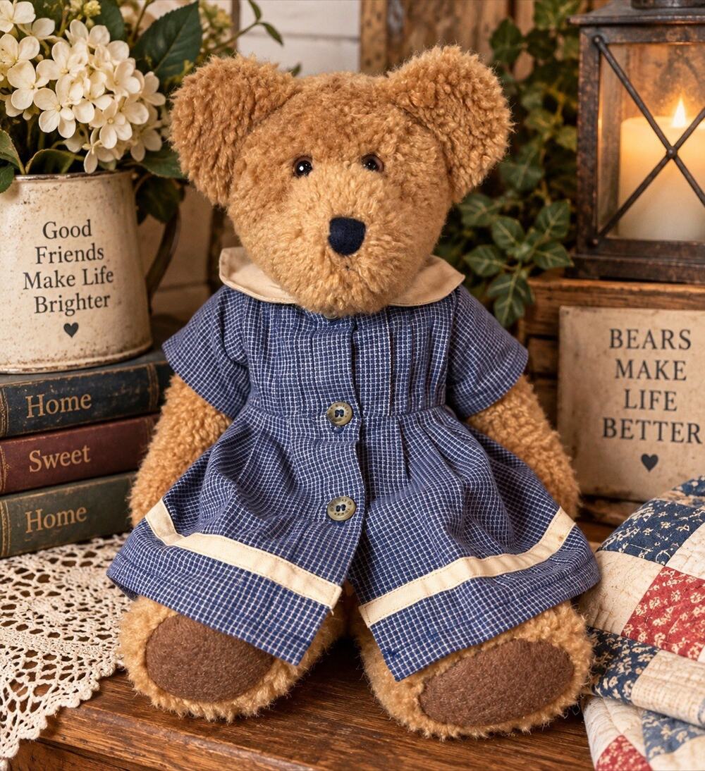 Vintage Boyds Bears Teddy Bear 13” Blue Plaid Dress Brown Plush Retired